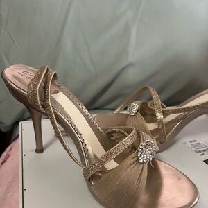 Dressy Glitter Gold Strappy Heeled Sandals with Crystal Accent